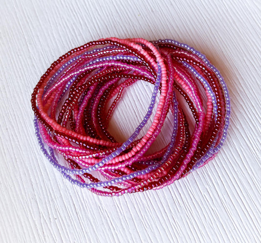 Pink Beaded Bracelet Set Lavender Seed Bead Jewelry Multi Strand Wrap Style Elastic Stretch Design Boho Fashion Accessory Stackable Bracelet Collection Handcrafted Beaded Jewelry Resort Beach Wear Casual Summer Style Comfortable Everyday