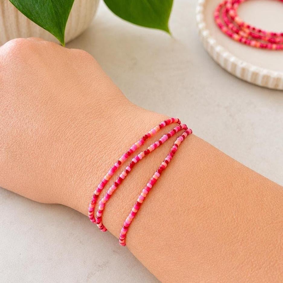 Boho Wrap Bracelet Multi Strand Seed Bead Design Handmade Stretch Elastic Jewelry Coral Pink Orange Red Colorful Beaded Bracelet Stackable Festival Jewelry Summer Accessory Bohemian Layered Style Women Beaded Wrap Vibrant Tones Casual