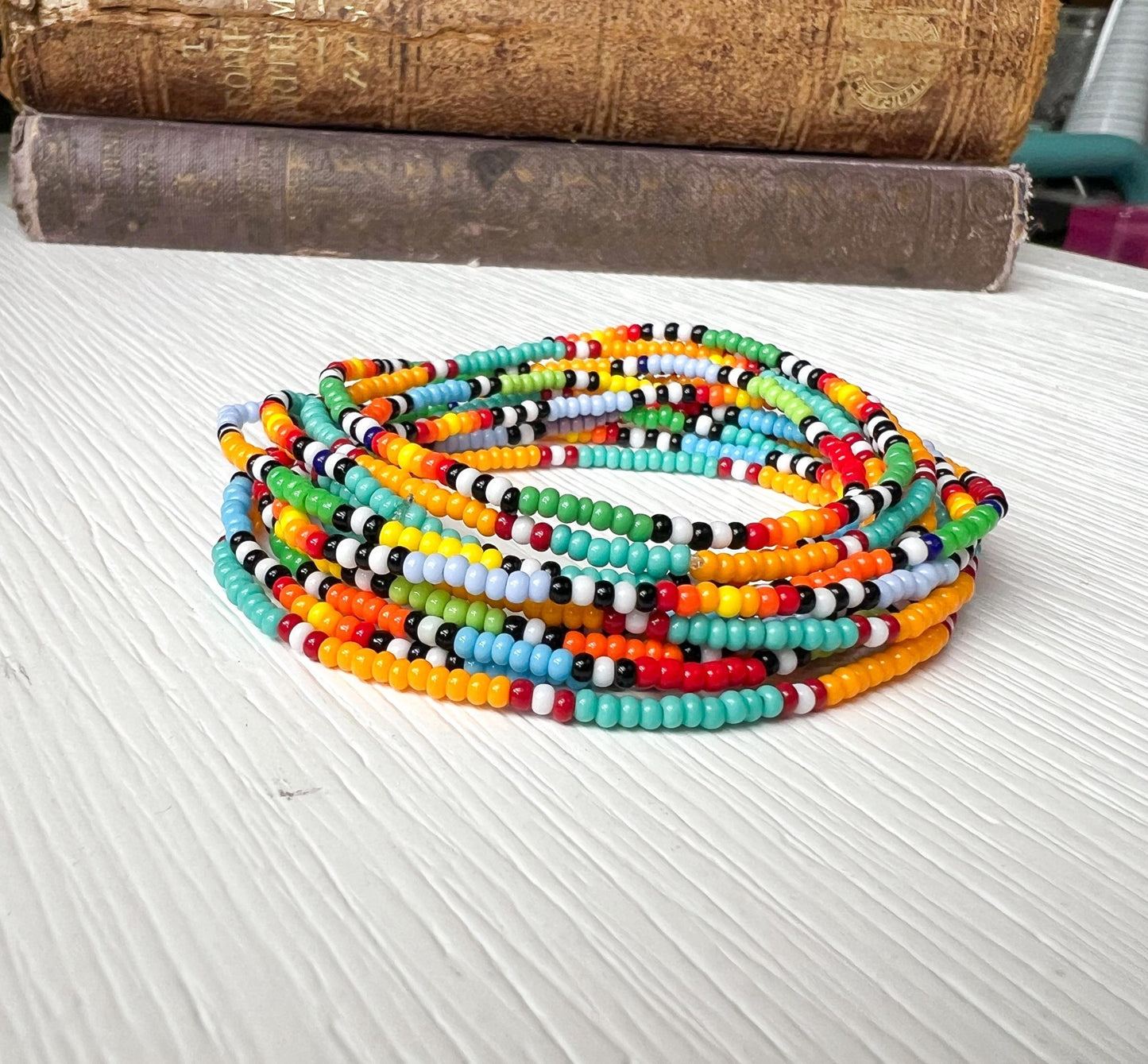 Seed Bead Bracelet – Turquoise Southwestern Boho Stretch Cuff - Stones + Paper