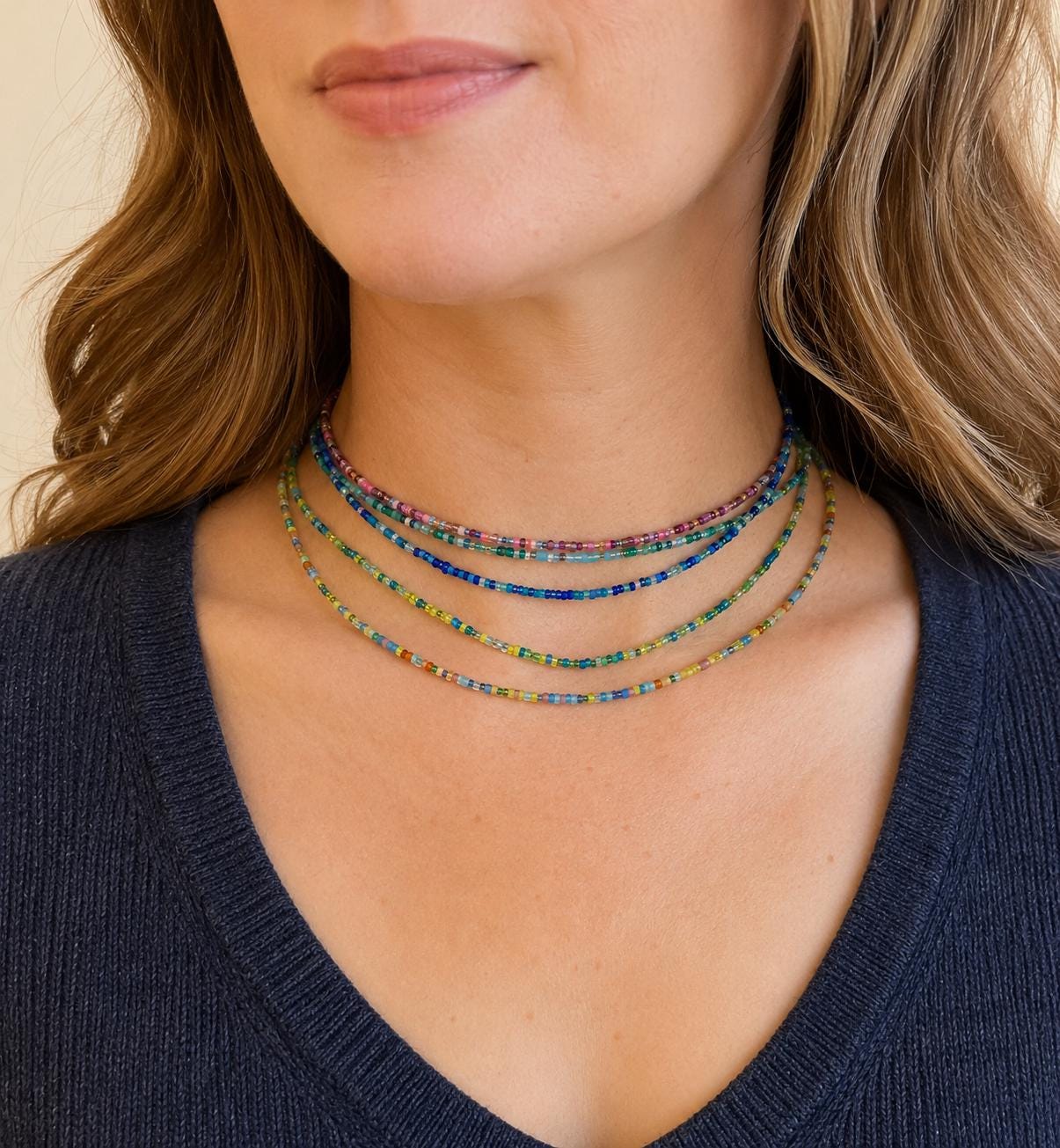 Seed Bead Necklace – Handmade Tiny Glass Beads Delicate Layering - Stones + Paper
