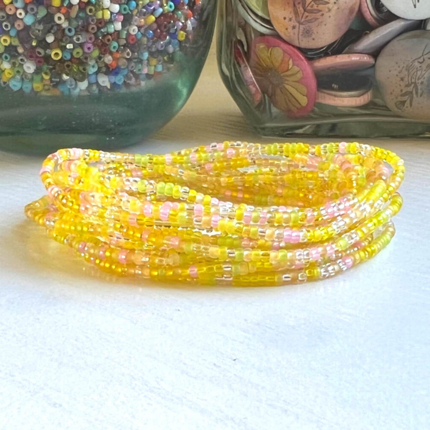 Seed Bead Wrap Bracelet – Handmade Yellow Spiral Friendship Gift - Stones + Paper