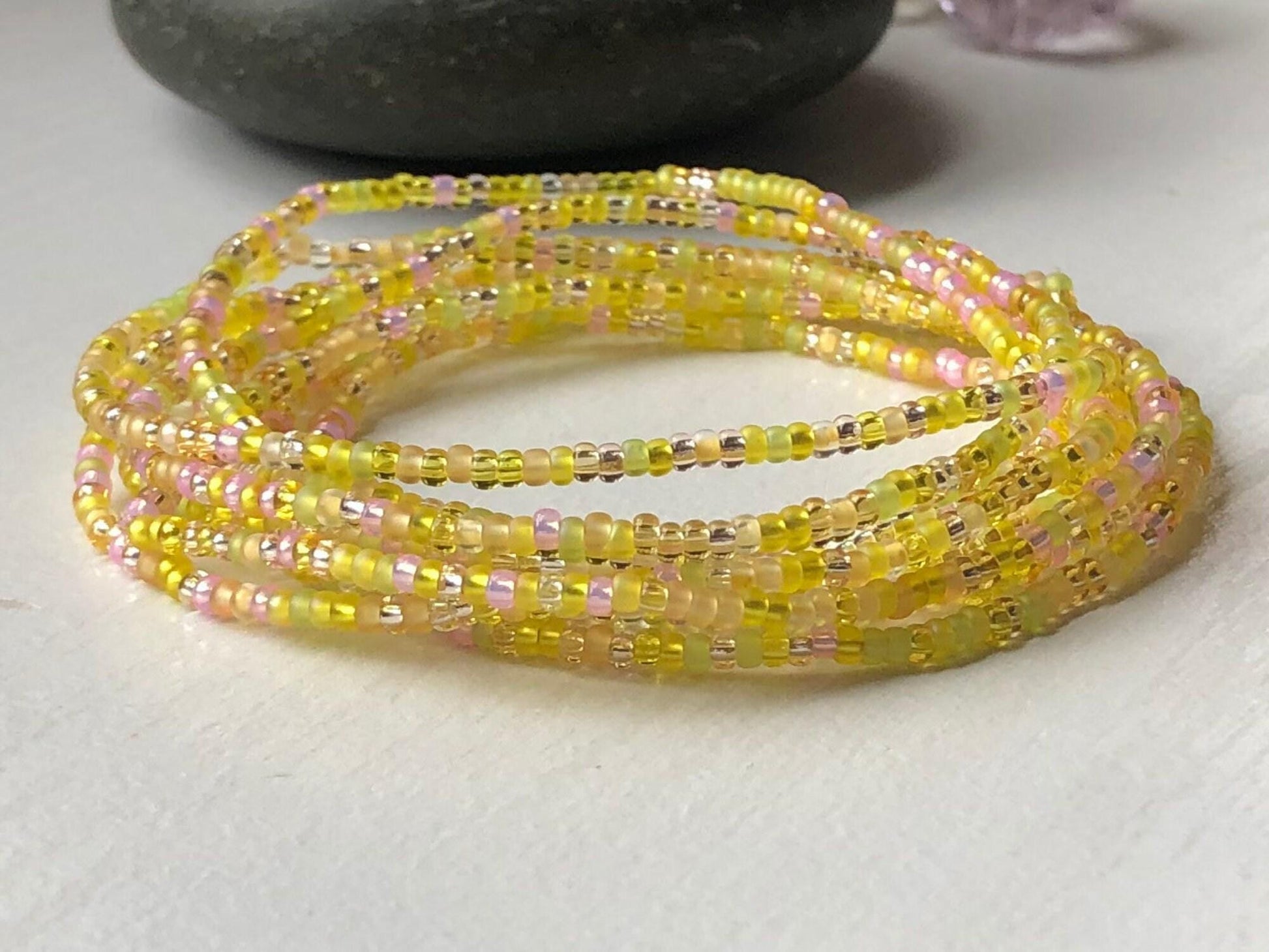 Seed Bead Wrap Bracelet – Handmade Yellow Spiral Friendship Gift - Stones + Paper