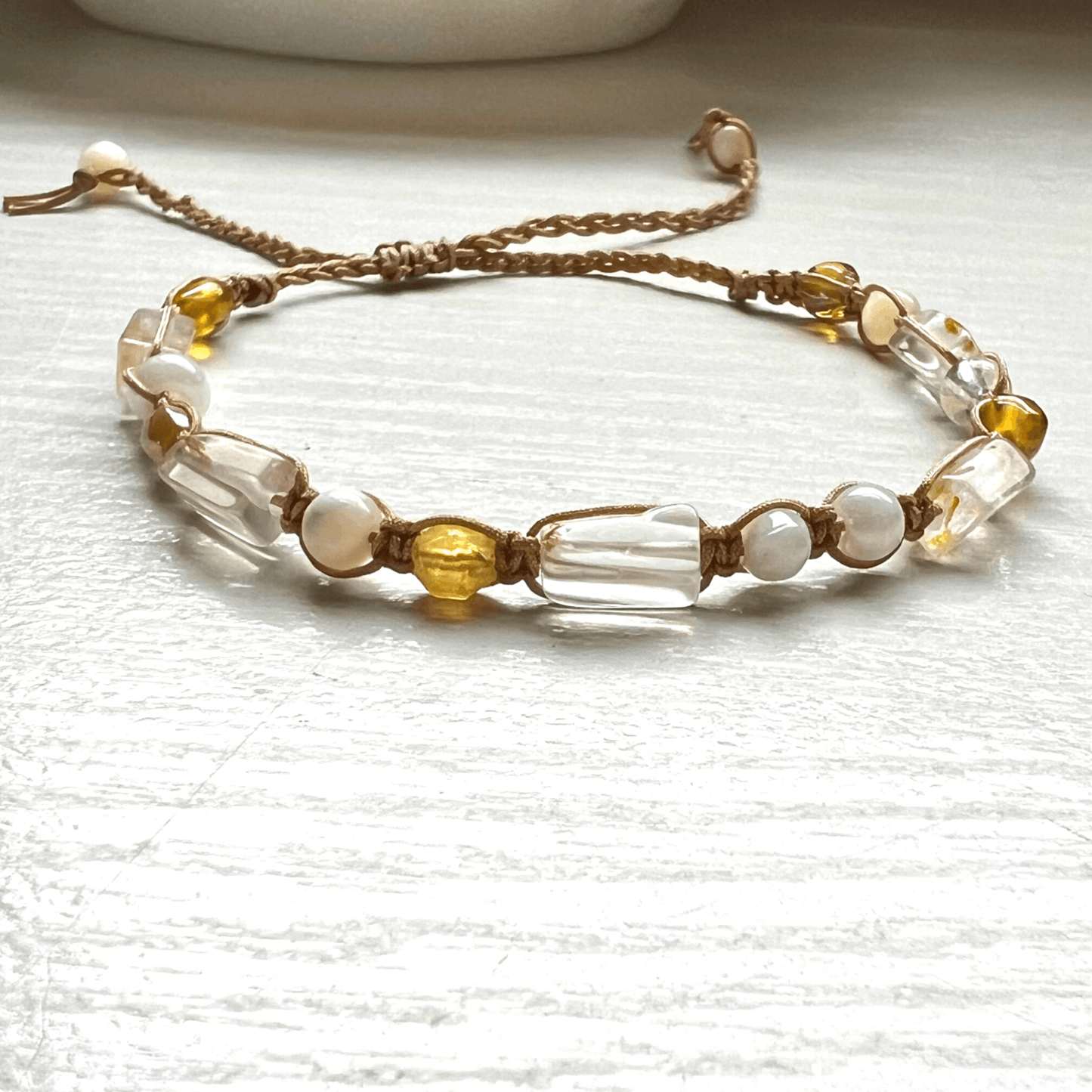 Macrame Faceted Glass & Stone Bead Adjustable Bracelet - Stones + Paper