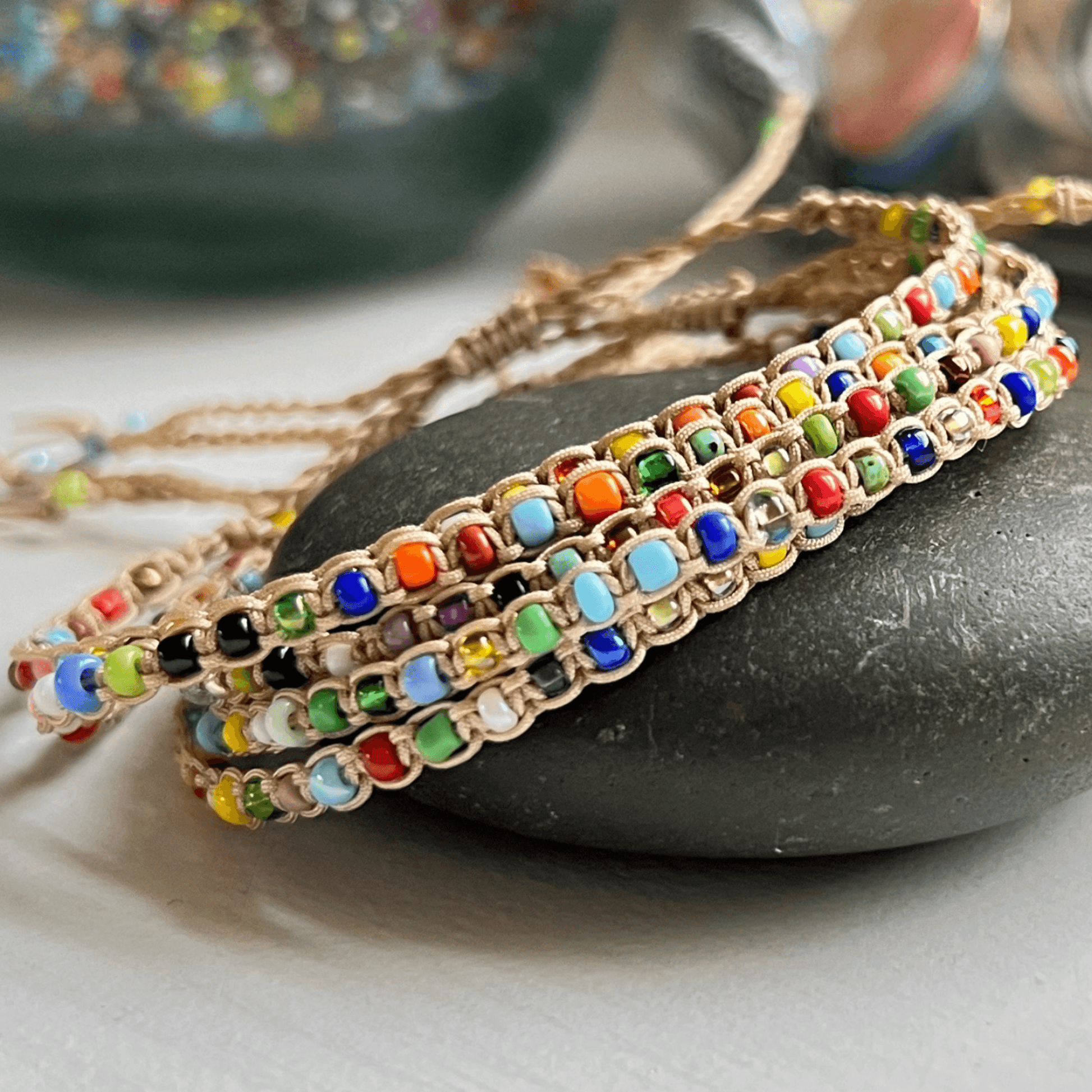Macrame Glass Seed Bead Adjustable Bracelet - Stones + Paper