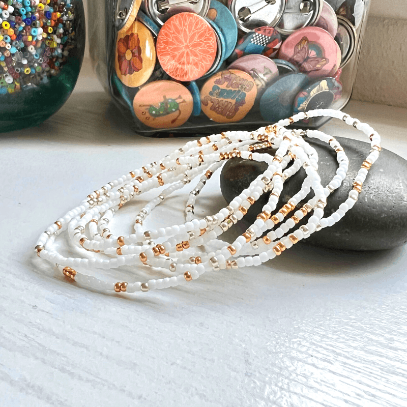 White Winter Seed Bead Stretch Bracelets - Stones + Paper