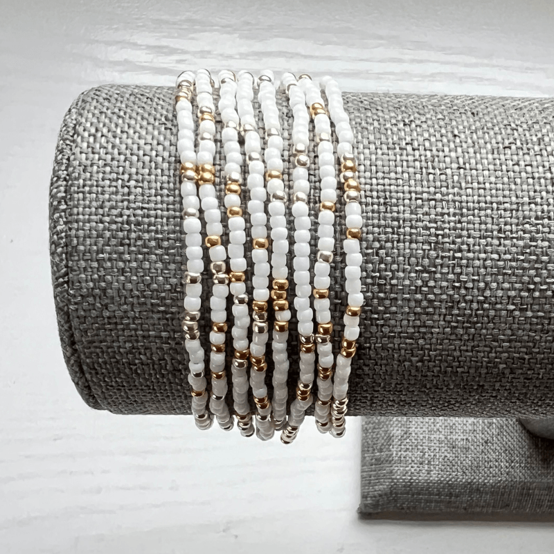 White Winter Seed Bead Stretch Bracelets – Stones Paper