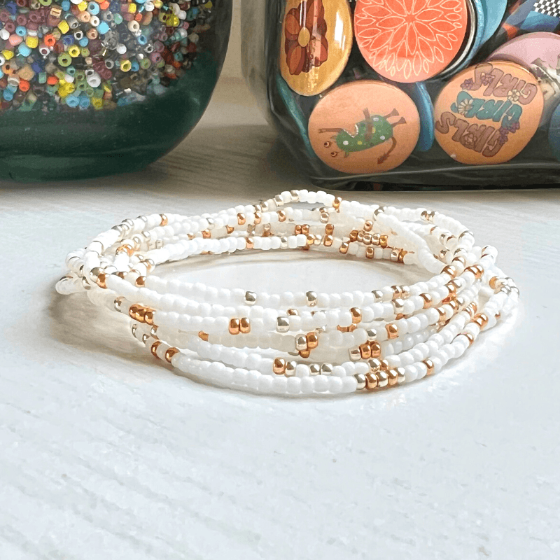 White Winter Seed Bead Stretch Bracelets - Stones + Paper